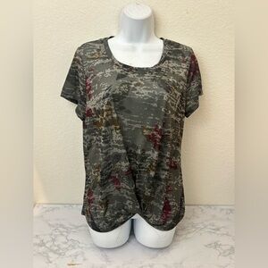 Style & Co Tee Short Sleeve Raw Hem Sz M Cotton Green Floral Ruched Top